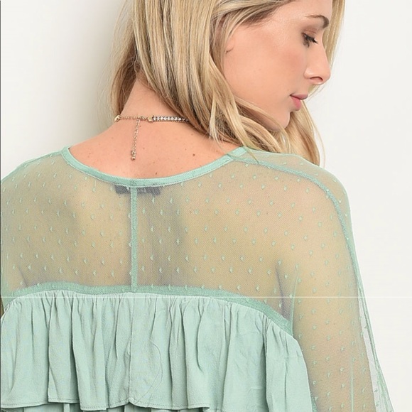 ❌DONATED❌Sage Green Mesh Swiss Dot Ruffle Detail Top - Picture 3 of 9